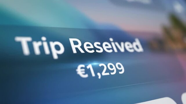 A close-up of a digital screen displaying a trip reservation confirmation with the price of &euro;1,299. The background features a blurred beach scene.