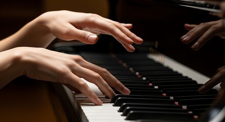 Elegant hands playing piano keyboard in soft warm lighting studio shot