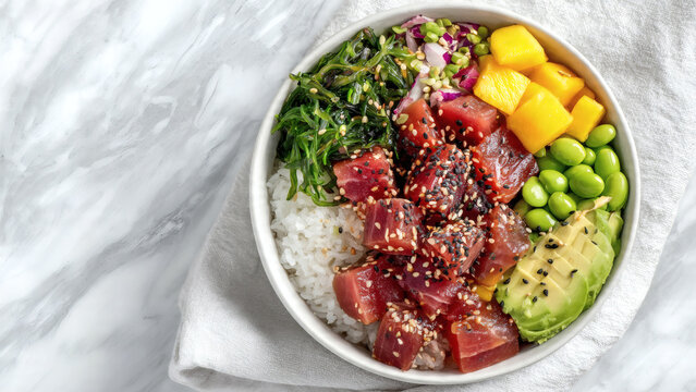 A vibrant gourmet bowl of poke with raw tuna, mango, avocado, and edamame on a white marble surface viewed from directly above