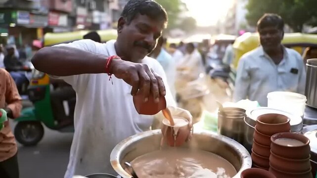 Indian street vendor pouring chai tea into clay cups on a busy street.