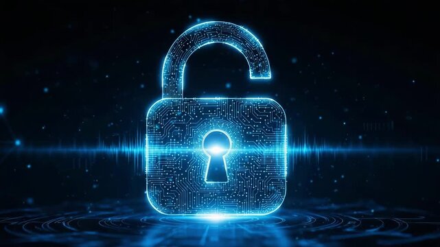 An unlocked digital padlock formed from glowing blue particles represents data security and network access, set against a dark background.