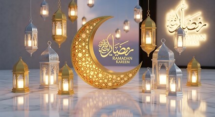 Decorative crescent moon with glowing lanterns for seasonal celebration