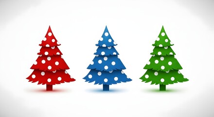Obraz premium Three colorful christmas trees with white lights on a white background