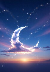 Dreamy night sky with moon shaped clouds and sparkling stars at dusk