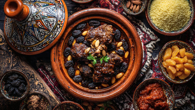 A professional flat lay of a Moroccan lamb tagine dish with spices and ingredients beautifully arranged on a vibrant colorful textile background