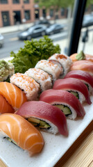 A delicious assortment of fresh sushi rolls with colorful toppings beautifully arranged on a plate