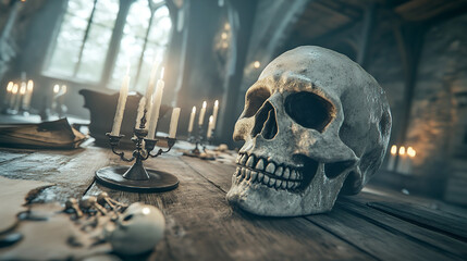 A gothic setting with a skull and lit candles on a wooden table, creating a vintage and mysterious ambiance