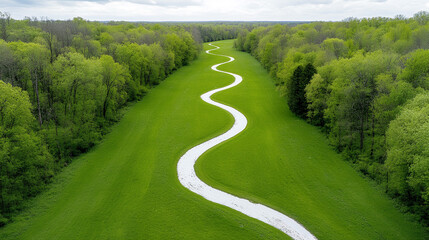Serpentine river cutting through lush green forest landscape