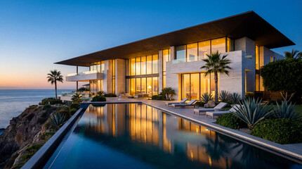 Fototapeta premium Modern cliffside mansion with infinity pool overlooking ocean at sunset. Expansive glass windows, warm interior lighting, palm trees, and sleek contemporary design highlight luxury coastal living