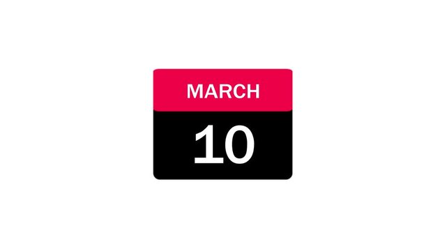 Minimalist calendar icon showing March 10 with red header and black base, suitable for scheduling, appointments, and event reminders.