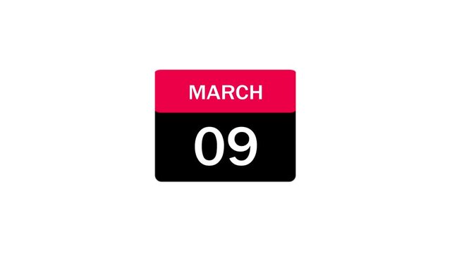 A clean and minimalist flat design calendar icon showing the date March 9 with a vibrant red header and black base on a plain white background.