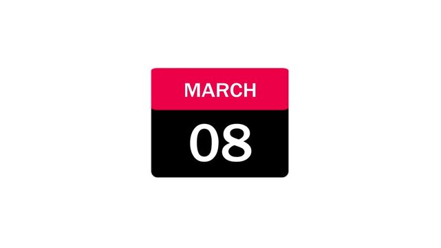 A minimalist graphic calendar icon highlighting the date March 8, which commemorates International Women's Day, set against a simple white background for versatile design use.