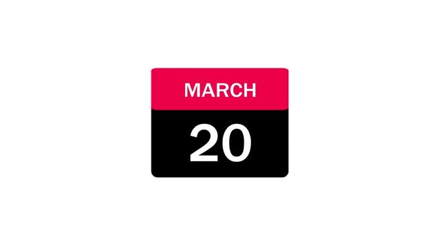A clean, flat-design calendar icon displaying March 20 with a bold red header and black body, ideal for scheduling, event planning, and reminders.