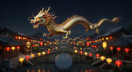 Obraz premium Golden Dragon Above Lantern Lit Chinese Water Town at Night