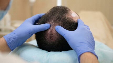 Fototapeta premium Doctor wearing blue gloves examines a balding area on a patient's head during a scalp assessment.