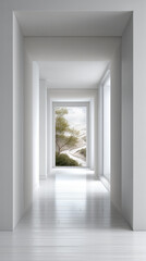 Fototapeta premium Bright white hallway with minimalist design, large window, natural light, and serene outdoor landscape view, peaceful and modern atmosphere