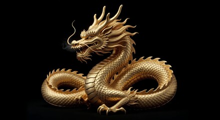 Fototapeta premium Golden Coiled Chinese Dragon on Black Background