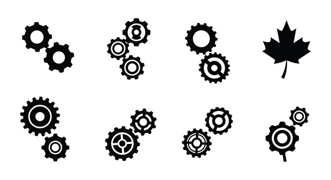 Black and white icons depicting gears a maple leaf and circular designs