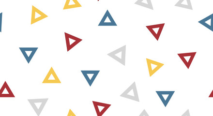 Naklejka premium Seamless pattern featuring scattered outlines of colorful triangles in red, blue, yellow, and grey on a clean white background.