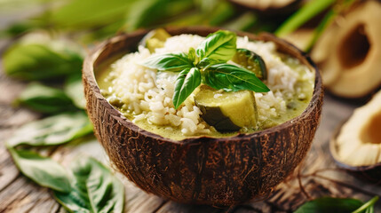 Thai green curry in a coconut shell, served with jasmine rice and fragrant basil leaves.
