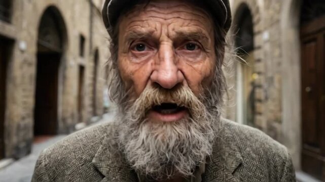 Elderly bearded man in a flat cap stares from a cobblestone alley of a historic european town, weathered face and steady gaze suggesting hardship, resilience and quiet wisdom