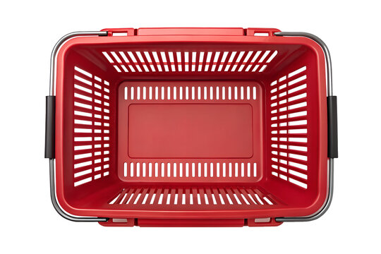 Red shopping basket top view, Empty red supermarket hand basket, Bright red plastic grocery carrier, Vivid red checkout shopping basket, Red retail store basket overhead photo