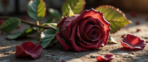 Withered red rose lying on ground surrounded by fallen petals  