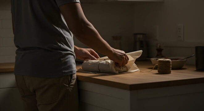 Man Preparing Deliciously Wrapped Snacks At Home Kitchen Counter During Evening Cooking Session With Soft Lighting Atmosphere