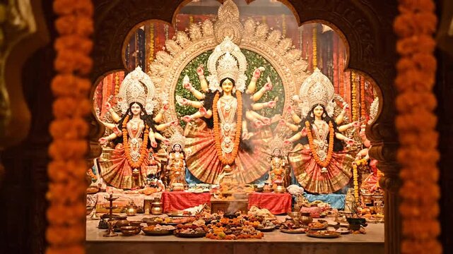 Goddess Durga Idol Framed by Marigold Garlands During Durga Puja