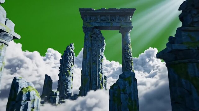 A grand ancient stone gateway, a relic of a lost civilization, majestically rises above a mystical cloudscape, bathed in ethereal light rays from a dramatic sky, evoking forgotten legends