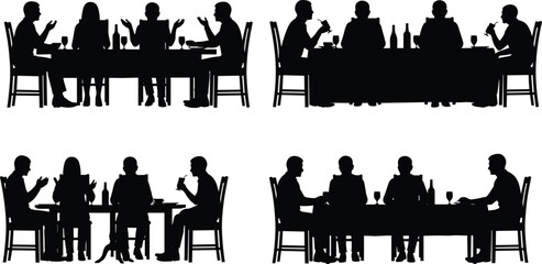 Family dinner silhouette set with people sitting at table eating drinking wine isolated on white background vector collection