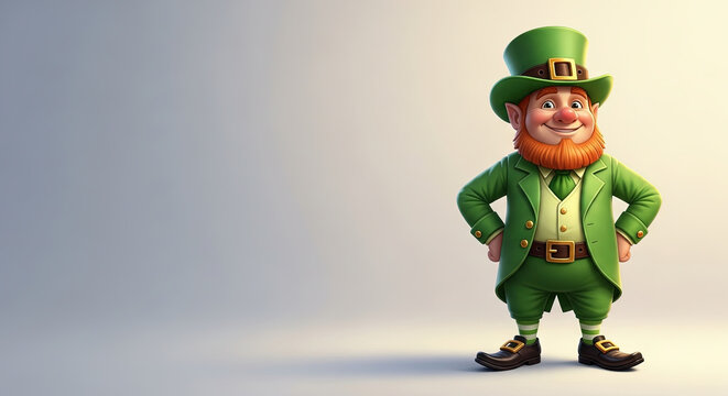 cheerful cartoon leprechaun in vibrant green attire standing proudly against a subtle background with copy space