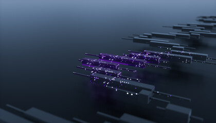 Futuristic candlestick trading chart with data points. AI financial market concept. 3d rendering