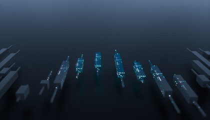 Futuristic candlestick trading chart with data points. AI financial market concept. 3d rendering