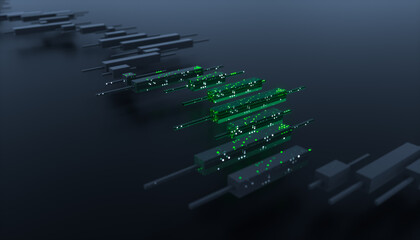 Futuristic candlestick trading chart with data points. AI financial market concept. 3d rendering