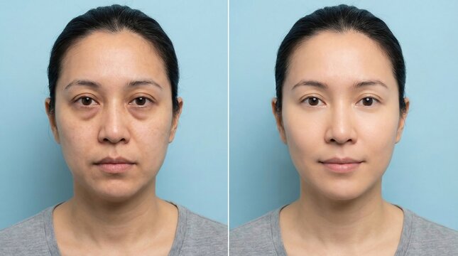 Side by side portrait displays a woman's face before and after successful treatment for under-eye dark circles and puffiness.