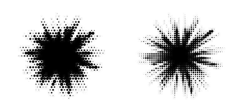 Halftone starburst radial effect, dotted burst explosion splash isolated element. Vector geometric sun ray shape with comic flare and retro bitmap texture for graphic design.