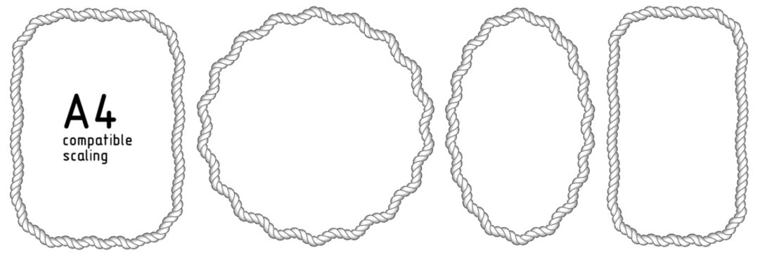 Rope frames. Set of black string braided borders made of brush. Rectangular, A4 compatible, round, oval shapes for decorative marine, western designs. Vector illustration isolated on white background