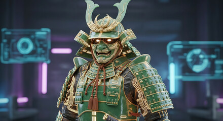 Fototapeta premium Futuristic warrior in high-tech armor with neon background
