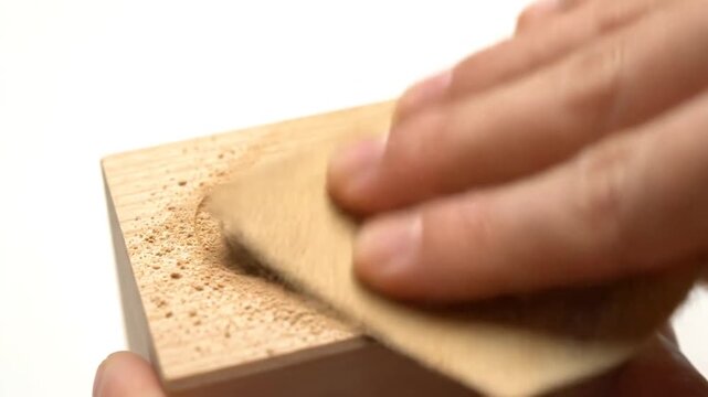 A hand sands away dust and residue from the engraved letters "CO2" on a wooden block, symbolizing carbon reduction and the cleaning of carbon emissions through sustainable practices like using wood.