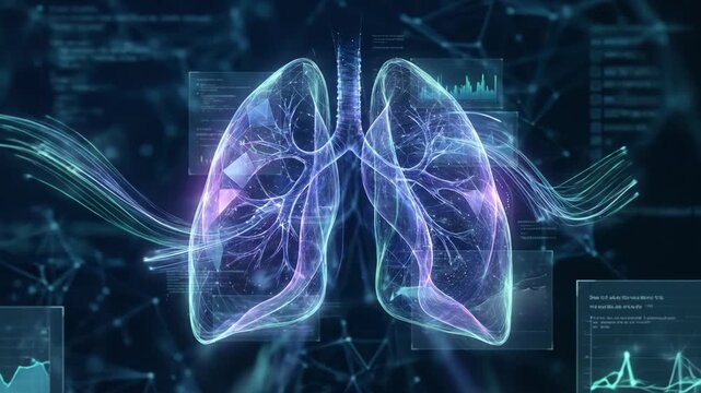 Digital lungs displaying biometric data and diagnostic charts with glowing lines and network connections, representing advanced healthcare, ai diagnostics, and respiratory analysis