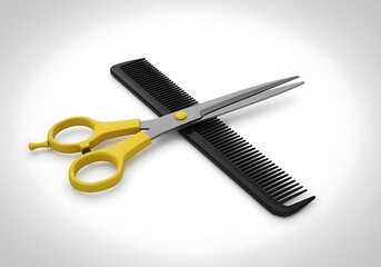 Yellow scissors and black comb crossed on white background for hair cutting and styling tools