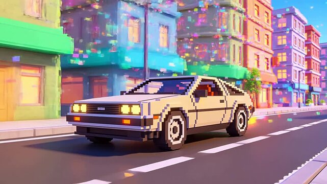 Retro pixel art sedan driving through a city street at dusk