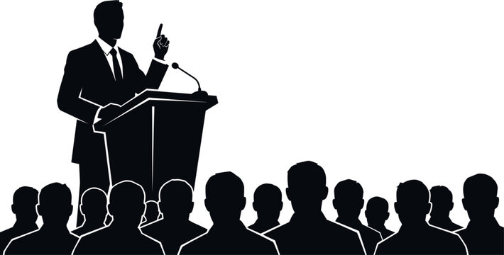 Businessman giving speech at podium in front of audience silhouette, public speaker presenting at conference seminar or political event vector,
