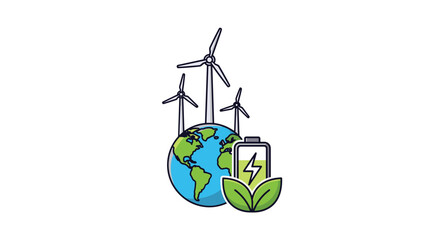 Obraz premium Illustration of earth with wind turbines and a green battery with leaves highlights the synergy of various global renewable energy technologies.
