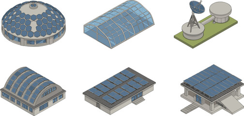 Isometric solar architecture and renewable energy buildings vector illustration set, futuristic dome greenhouse satellite station and rooftop photovoltaic systems isolated on white background © Asif's Creatives