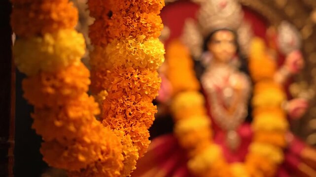 Orange Marigold Garland in Focus with Blurred Hindu Goddess Idol