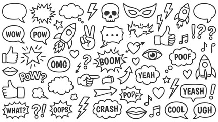 Fototapeta premium Comic boom cartoon effect line element set. Comic speech bubble pow, boom text, explosive splash smoke, wow cartoon vector icon. Hand drawn sketch doodle explosive element. Vector illustration.