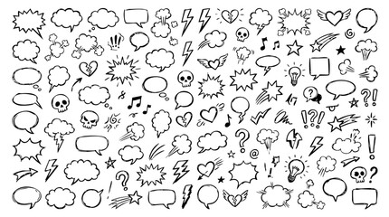Comic boom cartoon effect line element set. Comic speech bubble pow, boom text, explosive splash smoke, wow cartoon vector icon. Hand drawn sketch doodle explosive element. Vector illustration.