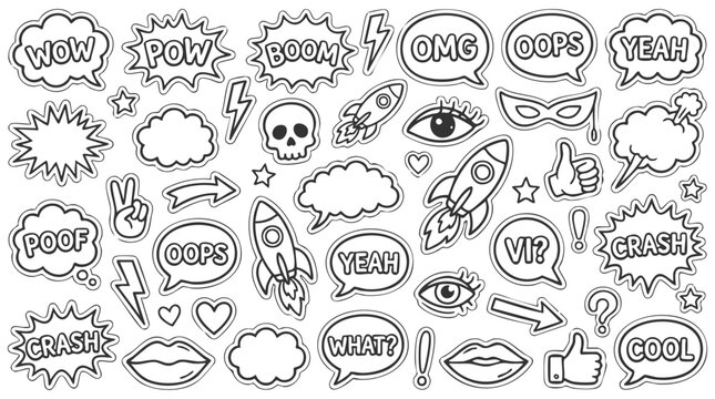 Comic boom cartoon effect line element set. Comic speech bubble pow, boom text, explosive splash smoke, wow cartoon vector icon. Hand drawn sketch doodle explosive element. Vector illustration.